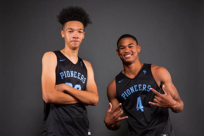 Players of the Canyon Springs High basketball team, from left, De'Shawn Keperling and Kevin Legardy, take a portrait during the Las Vegas Sun's Media Day at the South Point on Nov. 14, 2017.