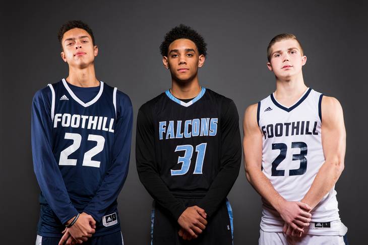 Players of the Foothill High basketball team, from left, Jace Roquemore, Marvin Coleman and Michael Shaw, take a portrait during the Las Vegas Sun’s Media Day at the South Point on Nov. 14, 2017.
