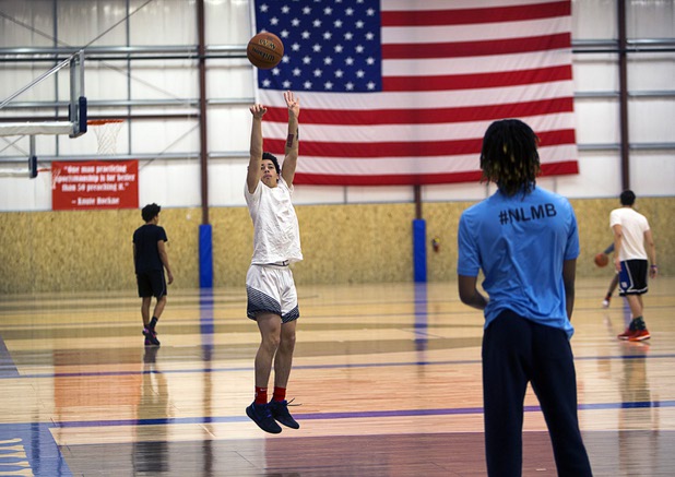 Planet Athlete students practice in the Barn, a 30,000 sq. ft. field house, at the Rising Star Sports Ranch in Mesquite, Nev. Tuesday, Nov. 28, 2017.