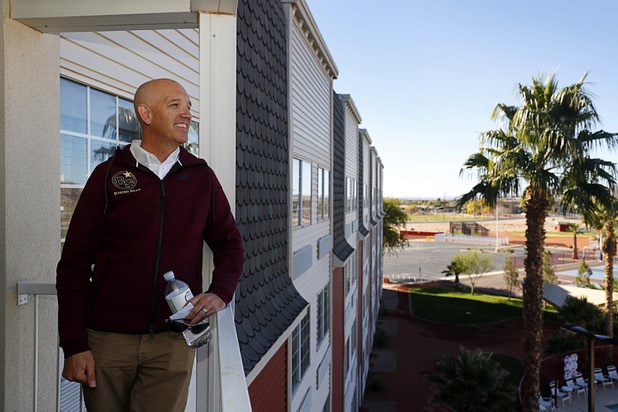 Andre Carrier, chief operating officer of the Rising Star Sports Ranch, looks out from a balcony at the resort in Mesquite, Nev. Tuesday, Nov. 28, 2017.