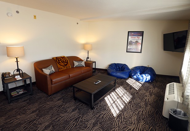 A lounge area is connected with the bunkbed rooms at the Rising Star Sports Ranch in Mesquite, Nev. Tuesday, Nov. 28, 2017.