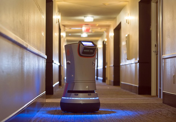 "Champ," a room service robot, travels down a hallway at the Rising Star Sports Ranch in Mesquite, Nev. Tuesday, Nov. 28, 2017.
