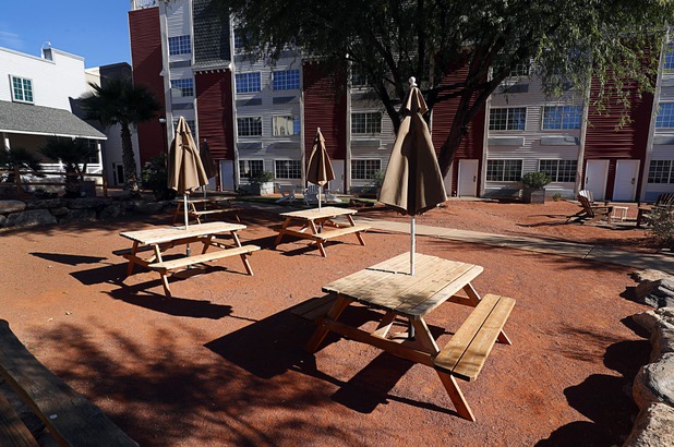 A picnic tables are shown in a courtyard area at the Rising Star Sports Ranch in Mesquite, Nev. Tuesday, Nov. 28, 2017.