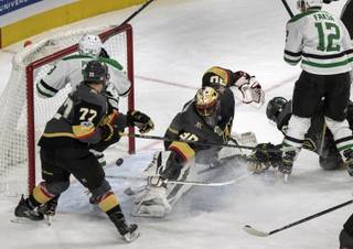 Vegas Golden Knights goalie Malcolm Subban (30) eyes a  goal shot by Dallas Stars center Radek Faksa (12) on his way to a hat trick during their game at the T-Mobile Arena on Tuesday, Nov 28, 2017.