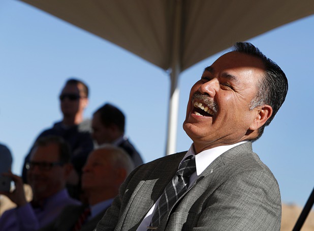 Rudy Malfabon, director of Nevada Department of Transportation (NDOT), reacts to a comment by Clark County Commission Chairman Steve Sisolak during a groundbreaking ceremony for a $34 million Interstate-15 and Starr Avenue interchange project Thursday, Nov. 30, 2017. The interchange, part of a $1.3 billion I-15 South Corridor project, is expected to be completed in May 2019.