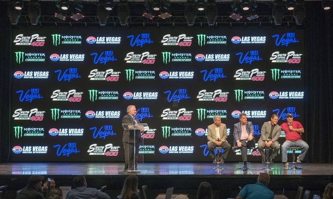 Announcer Doug Rice, left, introduces the panel  as the South Point Hotel, Casino and Spa is named title sponsor of the September Monster Energy NASCAR Cup Series race at Las Vegas Motor Speedway in a press conference at the South Point Hotel-Casino on Thursday, Nov. 30, 2017. Seated, from left, are Chris Powell, president of Las Vegas Motor Speedway, Mike Helton, vice chairman of NASCAR, Ryan Growney, South Point general manager, and Brendan Gaughan, NASCAR driver. The multi-year agreement will make the South Point Hotel-Casino the title sponsor of the South Point 400 beginning in 2018. The 267-lap race is set for Sept. 16 and will be the first in the 2018 Cup playoffs.