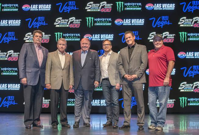 Executives pose onstage as  the South Point Hotel, Casino and Spa is named title sponsor of the September Monster Energy NASCAR Cup Series race at Las Vegas Motor Speedway in a press conference at the South Point Hotel-Casino on Thursday, Nov. 30, 2017. From left: Mike Helton, NASCAR vice chairman; Chris Powell, president, Las Vegas Motor Speedway; Michael Gaughan, owner of South Point Racing; Marcus Smith, CEO Las Vegas Motor Speedway; Ryan Growney, general manager South Point Hotel; and Brendan Gaughan, NASCAR driver. The multi-year agreement will make the South Point Hotel-Casino the title sponsor of the South Point 400 beginning in 2018. The 267-lap race is set for Sept. 16 and will be the first in the 2018 Cup playoffs.