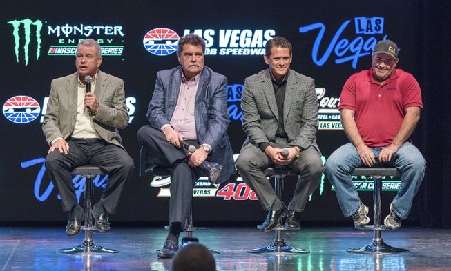 Chris Powell, left, president of Las Vegas Motor Speedway, speaks ...