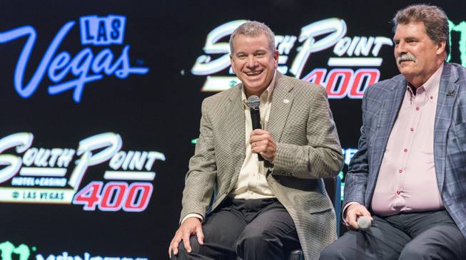 Chris Powell, left, president of Las Vegas Motor Speedway, speaks as the South Point Hotel, Casino and Spa is named title sponsor of the September Monster Energy NASCAR Cup Series race at Las Vegas Motor Speedway in a press conference at the South Point Hotel-Casino on Thursday, Nov. 30, 2017. Joining Powell is Mike Helton, vice chairman of NASCAR. The multi-year agreement will make the South Point Hotel-Casino the title sponsor of the South Point 400 beginning in 2018. The 267-lap race is set for Sept. 16 and will be the first in the 2018 Cup playoffs.