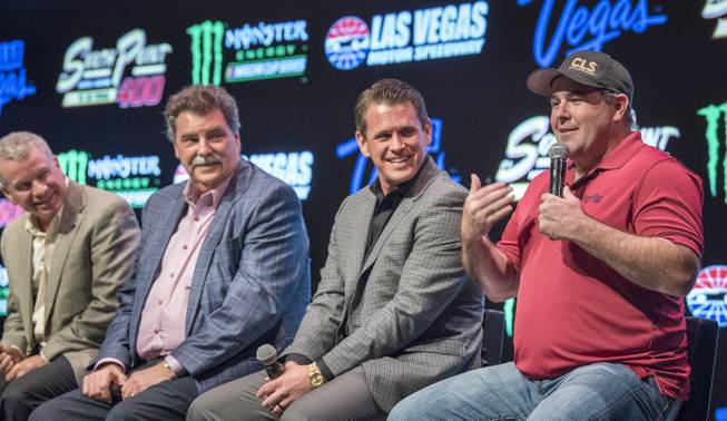 Las Vegas NASCAR driver Brendan Gaughan, right, speaks as the South Point Hotel, Casino and Spa is named title sponsor of the September Monster Energy NASCAR Cup Series race at Las Vegas Motor Speedway in a press conference at the South Point Hotel-Casino on Thursday, Nov. 30, 2017. Chris Powell, from left, president of Las Vegas Motor Speedway, Mike Helton, vice chairman of NASCAR, and Ryan Growney, South Point general manager, listen in. The multi-year agreement will make the South Point Hotel-Casino the title sponsor of the South Point 400 beginning in 2018. The 267-lap race is set for Sept. 16 and will be the first in the 2018 Cup playoffs.