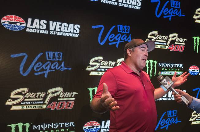Las Vegas NASCAR driver Brendan Gaughan is interviewed following the announcement that the South Point Hotel, Casino and Spa is named title sponsor of the September Monster Energy NASCAR Cup Series race at Las Vegas Motor Speedway in a press conference at the South Point Hotel-Casino on Thursday, Nov. 30, 2017. The multi-year agreement will make the South Point Hotel-Casino the title sponsor of the South Point 400 beginning in 2018. The 267-lap race is set for Sept. 16 and will be the first in the 2018 Cup playoffs.