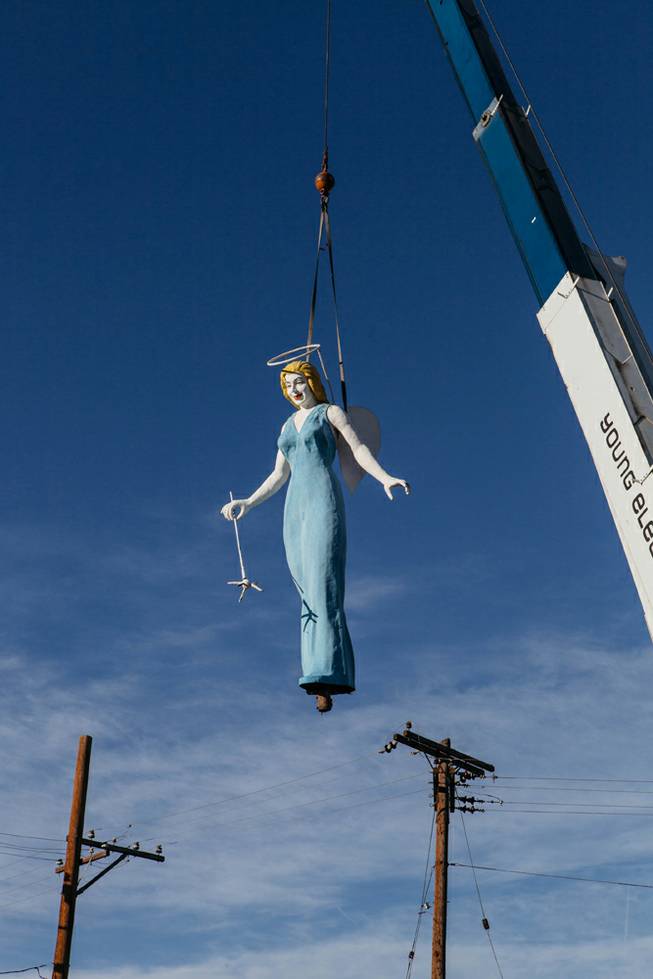 After 61 years, the Blue Angel was removed from her pedestal by the City of Las Vegas and YESCO for restoration early in the morning in Downtown Las Vegas, Nev. on March 29, 2017. Once restored, the plan is to return her to the City and display her on a triangle shaped traffic median at the corner of Charleston and Fremont.