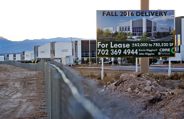 A sign advertises space in a commercial development along Interstate-15 at Tropical Parkway in North Las Vegas Tuesday, Dec. 5, 2017.