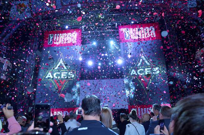Confetti falls from the ceiling as the WNBA's new Las Vegas Aces name and logo are revealed at the House of Blues at Mandalay Bay, Monday, Dec. 11, 2017. Las Vegas' first major pro basketball team will begin play in the spring.