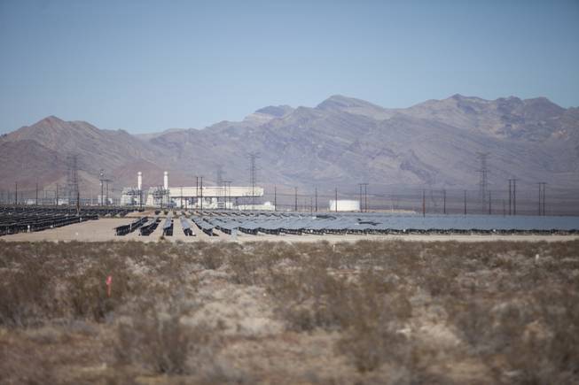 A partial view of the 1.98 million solar panels over the almost 1,979-acre project of the 179 megawatt Switch Station 1 and 2 Solar Projects is seen amidst the desert landscape, Monday, Dec. 11, 2017.  This is the first-ever project to be built in one of the Bureau of Land Management's Solar Energy Zones.