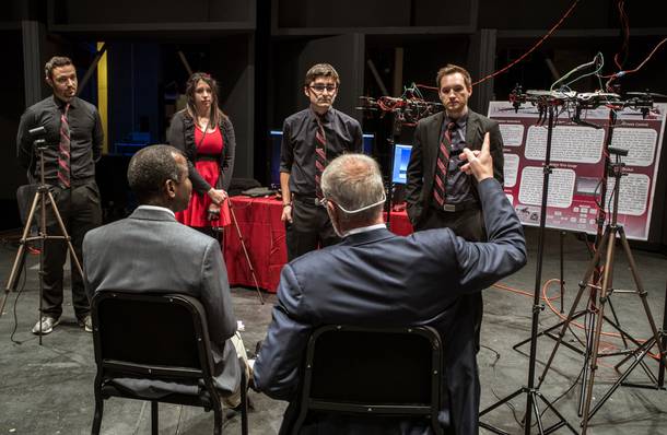 Judges interview students from the UNLV Howard R. Hughes College of Engineering as they present their idea DRiO tethered drone concept at the Fall 2017 Fred and Harriet Cox Senior Design Competition on Thursday, Dec. 7, 2017.