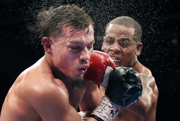Ladarius Miller, right, of Memphis, Tenn., connects with a punch on Jesus Gutierrez, left, of Las Vegas, during a super lightweight bout at Sam's Town Saturday, April 29, 2017. Miller won the fight with an eighth-round TKO.