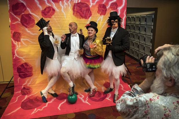 A team poses for a picture during the Burlesque Hall of Fame features Barecats in Bowling with a bowling tournament in honor of Jennie Lee on Friday, June 2, 2017.