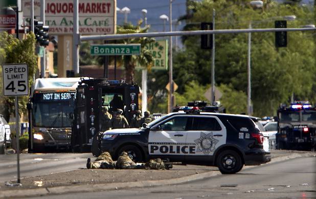 Metro Police on the scene of shots fired on an RTC bus near N. Nellis Blvd. and E. Bonanza Road on Wednesday, August 30, 2017.