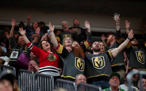 Vegas Golden Knights fans sing and celebrate their win over the Chicago Blackhawks as the game nears the end  at T-Mobile Arena on Tuesday, Oct. 24, 2017.