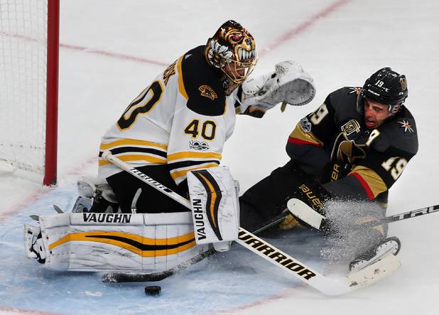 during the third period of an NHL hockey game at T-Mobile Arena Sunday, Oct. 15, 2017, in Las Vegas. The Knights defeated the Bruins 3-1. (AP Photo/).