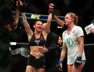 Womens Featherweight Cris Cyborg celebrates her win over Holly Holm following their UFC219 fight at the T-Mobile Arena on Saturday, Dec. 30, 2017.