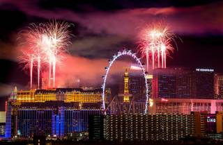 The fireworks of America's Party 2018 explode over the Las Vegas Strip to welcome the new year in this view from the rooftop of the Convention Center Marriott in Las Vegas on Monday, Jan. 1, 2018. More than 80,000 pyrotechnic effects are were lauched from the rooftops of MGM Grand, Aria, Planet Hollywood, Caesars Palace, Treasure Island, The Venetian and Stratosphere. CREDIT: Mark Damon/Las Vegas News Bureau