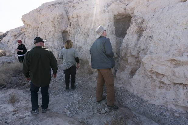 Visitors search for fossils and shells in sedimentary rock layers at Ice Age Fossils State ParkLas Vegas' newest state park where visitors can explore and learn about fossil beds located in the areaduring a ranger-guided hike through Monday, Jan. 1, 2018. With the park still in development, a visitor's center, interpretive trails and more infographic signs are expected to complete the park within two years.