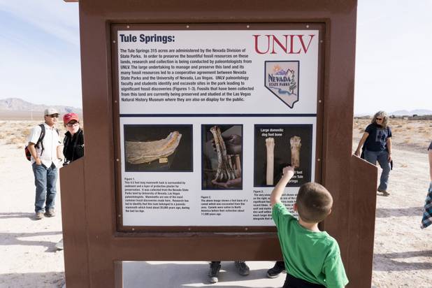 A boy points to an image of a Dire Wolf bone of which a 3D printed version was passed around earlier during a ranger-guided hike at Ice Age Fossils State ParkLas Vegas' newest state park where visitors can explore and learn about fossil beds located in the areaMonday, Jan. 1, 2018. With the park still in development, a visitor's center, interpretive trails and more infographic signs are expected to complete the park within two years.