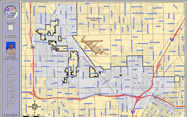 This map shows Las Vegas Ward 5 boundaries, including Clark County islands that could be annexed by the city.