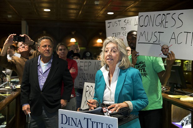 Congresswoman Dina Titus (D-Nev) speaks during a news conference at the Apothecary Shoppe marijuana dispensary on West Flamingo Road Thursday, Jan. 04, 2018.