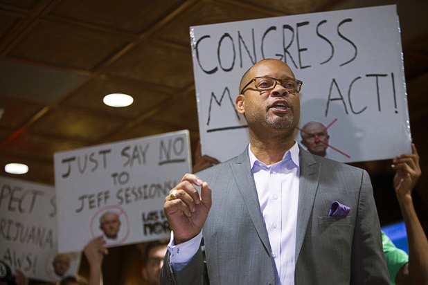 Nevada Senate Majority Leader Aaron Ford speaks during a news conference at the Apothecary Shoppe marijuana dispensary on West Flamingo Road Thursday, Jan. 04, 2018. Ford is also a candidate for state attorney general.