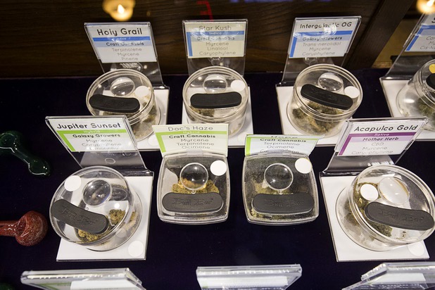 Marijuana is displayed at the Apothecary Shoppe marijuana dispensary on West Flamingo Road Thursday, Jan. 04, 2018.