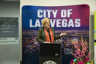 Las Vegas Mayor Carolyn Goodman speaks to the media during an unveiling of one of the city's newest digital smart signs, Thursday Jan. 4, 2018. The solar-powered info boards, created by Soofa, will display real-time info such as waiting times for the next arriving bus.
