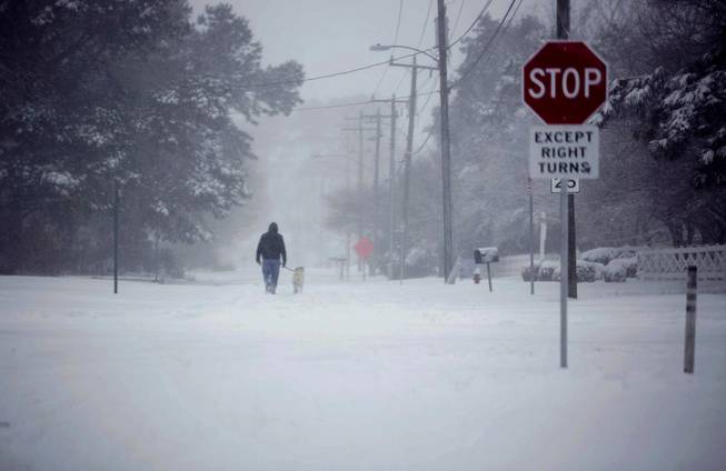 A man walks with his dog as neighborhood roads are completely covered over as the snow blows in the Dam Neck section of Virginia Beach, Va., Thursday,  Jan. 4, 2018. (L. Todd Spencer/The Virginian-Pilot via AP)