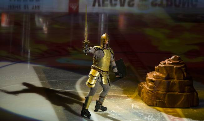 The Golden Knight lifts the sword to the crowd during their game versus the Edmonton Oilers at the T-Mobile Arena on Saturday, Jan. 13, 2018.  L.E. Baskow