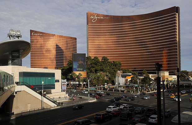 A view of the Encore and Wynn resorts on the Las Vegas Strip, Dec. 26, 2017.
