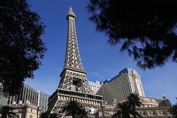 A view of the Eiffel Tower replica at Paris on the Las Vegas Strip Dec. 26, 2017.