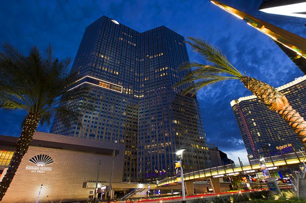 An evening view of the Mandarin Oriental in Las Vegas Friday Oct. 17, 2014.