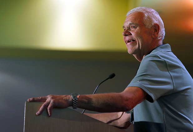 Andrew Hustak, a former Catholic Charities of Southern Nevada client, during speaks during a news conference at the Three Square food bank Wednesday, Jan. 17, 2018. MGM Resorts International announced a surplus banquet food donation program they hope will provide 800,0000 meals by 2020.