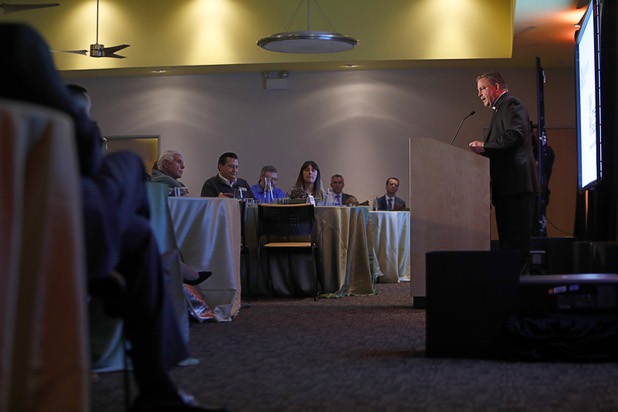 Deacon Tom Roberts, president/CEO of Catholic Charities of Southern Nevada, speaks during a news conference at the Three Square food bank Wednesday, Jan. 17, 2018. MGM Resorts International announced a surplus banquet food donation program they hope will provide 800,0000 meals by 2020.