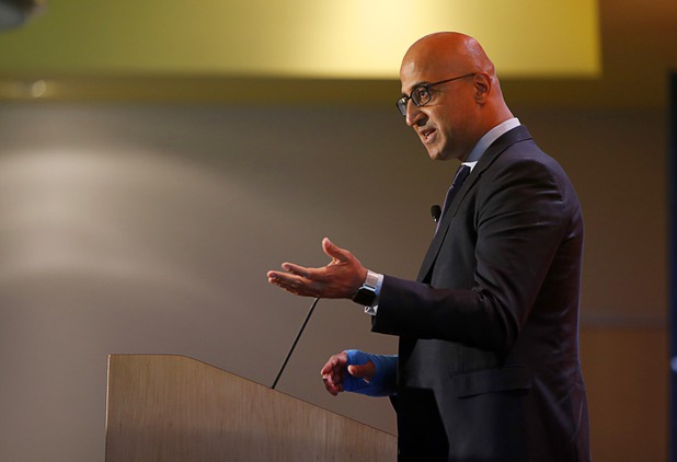 Yalmaz Siddiqui, vice president of corporate sustainability for MGM Resorts International, speaks during an announcement at the Three Square food bank Wednesday, Jan. 17, 2018. MGM Resorts announced a surplus banquet food donation program they hope will provide 800,0000 meals by 2020.