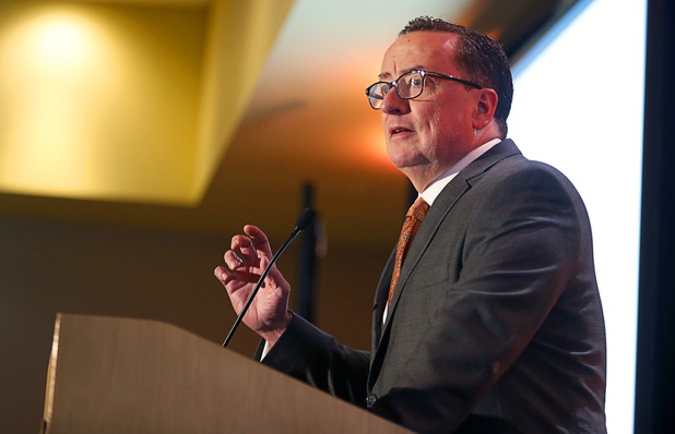 Brian Burton, president/CEO of Three Square, speaks during a news conference at the Three Square food bank Wednesday, Jan. 17, 2018. MGM Resorts International announced a surplus banquet food donation program they hope will provide 800,0000 meals by 2020.
