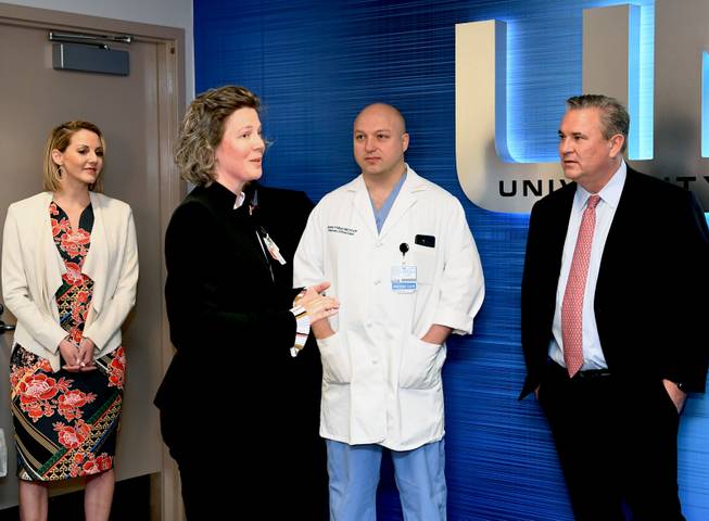 Kim Cerasoli, Director of Disease Specific Programs and Trauma Center Research and Education speaking as Affinity Gaming presents a $12,800 donation to University Medical Center of Southern Nevada in recognition of their response to the tragic Oct. 1 shooting in Las Vegas. The gift will go to the UMC Foundation, in support of UMC Emergency Services and Trauma Center. Pictured: (l-r):  Melany Evans, Vice President of Property Marketing Affinity Gaming; Kim Cerasoli, Director of Disease Specific Programs and Trauma Center Research and Education; Dr. Jeremy Kilburn, Pulmonary Critical Care Fellowship and Medical Director of Respiratory; and Michael Silberling Affinity Gaming CEO. Thursday, January 18, 2017.