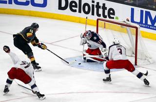 Vegas Golden Knights left wing James Neal (18) scores during a game against the Columbus Blue Jackets at T-Mobile Arena Tuesday, Jan. 23, 2017.