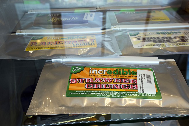 Edible products are displayed at the Las Vegas ReLeaf marijuana ...