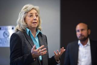 Congresswoman Dina Titus, D-Nev, speaks during a news conference at the Las Vegas ReLeaf marijuana dispensary at Paradise Road and Sahara Avenue Wednesday, Jan. 24, 2017. Titus criticized Nevada Attorney General Adam Laxalt for failing to support passage of the SAFE Banking Act. Ed Bernstein, a partner in the ReLeaf business, looks on at right.