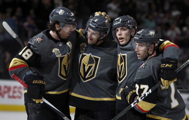 Las Vegas Golden Knights players celebrate a score in the ...