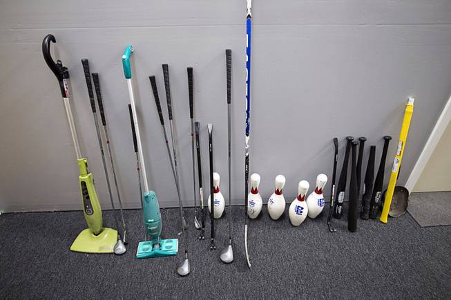 Implements of destruction are displayed at Wreck Room, 4090 Schiff Dr., Friday, Feb. 2, 2018.