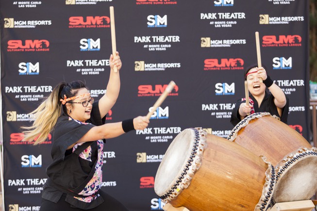 Two drummers perform during the Ultimate Sumo League debut announcement ...